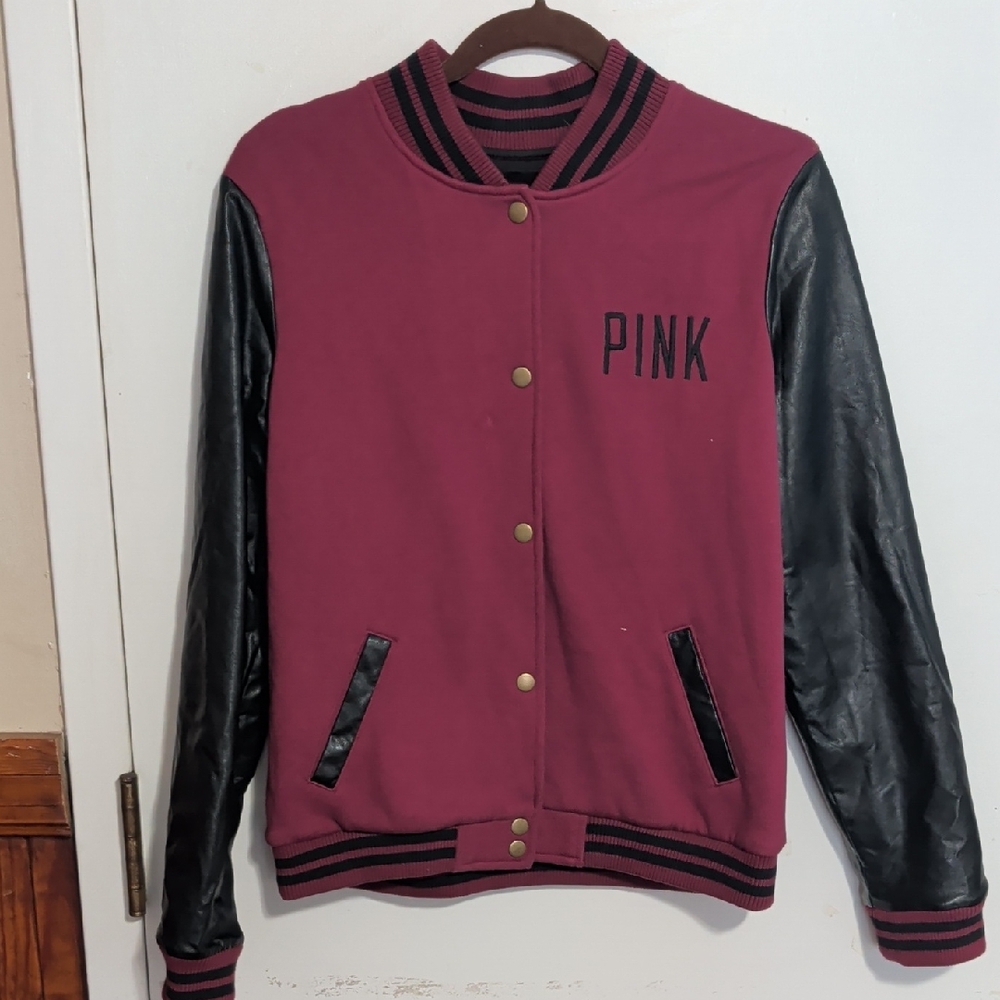 Victoria's Secret Pink Varsity Jacket with Black Leather Sleeves